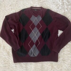 Mens Haggar Burgundy Argyle V-Neck Sweater Classic‎ Collegiate Academia